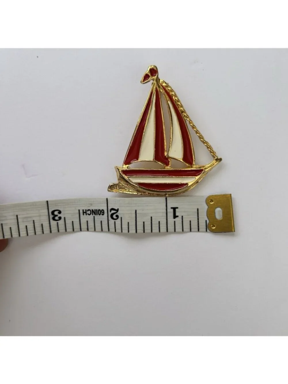Vintage Sailboat Brooch Pin Nautical Enamel Red White Striped Goldtone Preppy